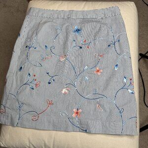 Talbots Skirt Blue White Striped Embroidered Flowers Stretch Cotton Size 12